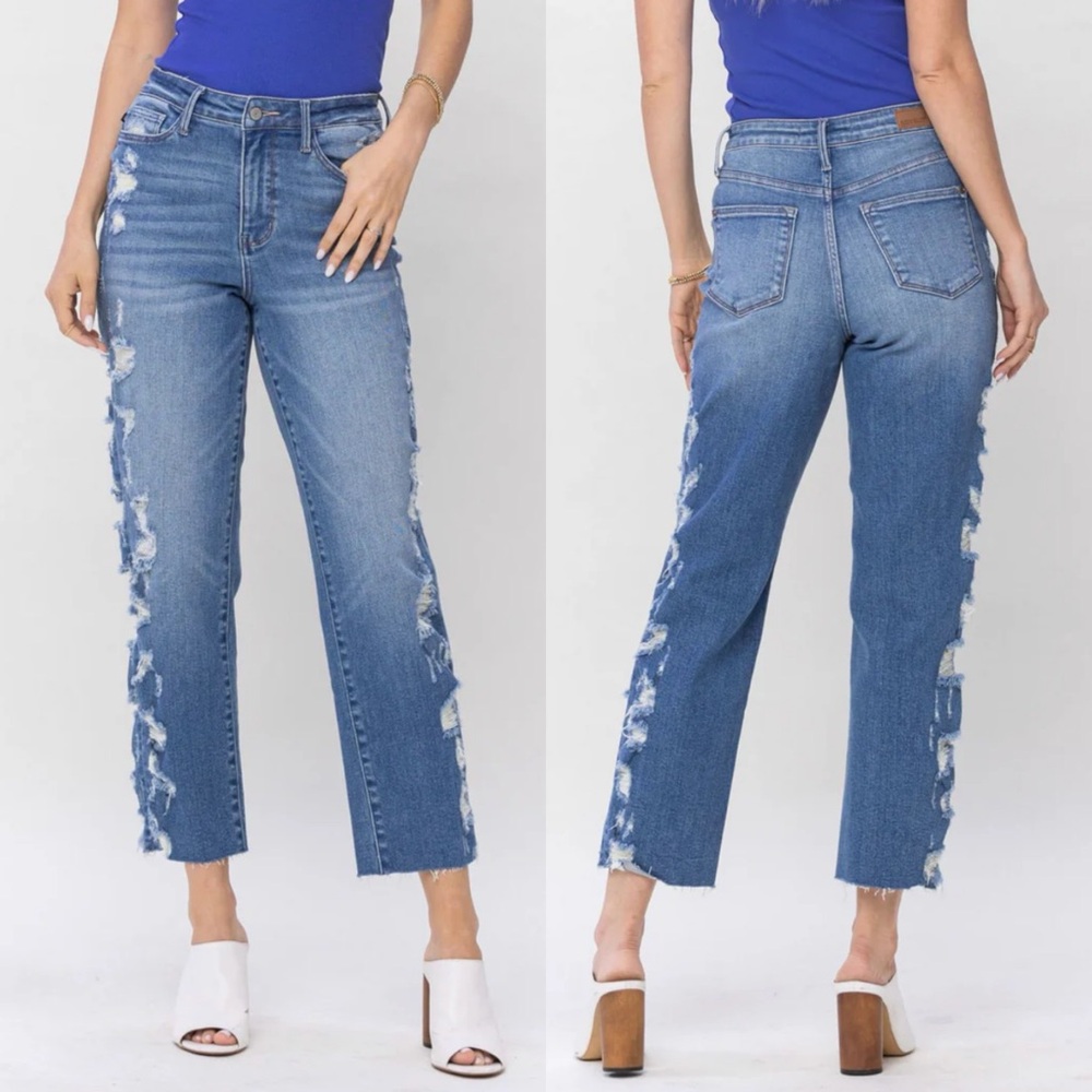 NWT Judy Blue Cheyenne Distressed High Rise Crop Straight Leg Jeans